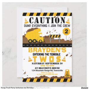 Dump Truck Party Invitation 2nd Birthday