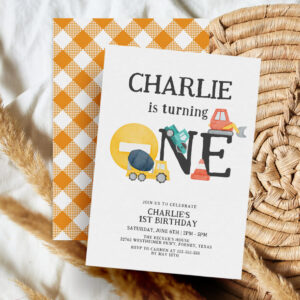 Dump Trucks Construction Party Boy 1st Birthday Invitation