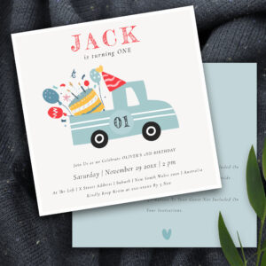 Dusky Grey Blue Any Age Birthday Party Cake Truck Invitation