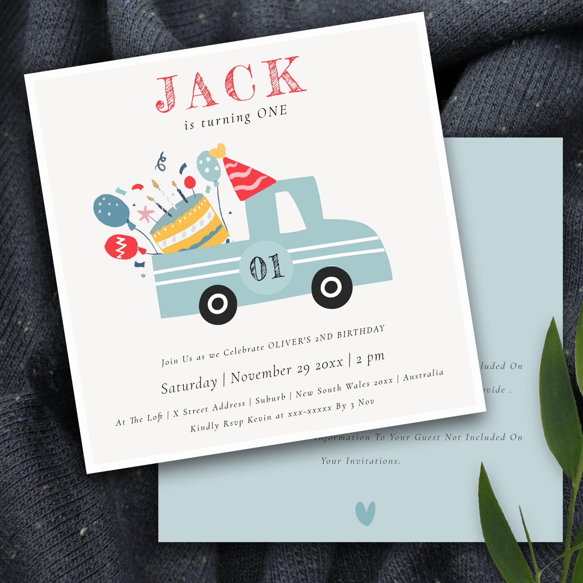 Dusky Grey Blue Any Age Birthday Party Cake Truck Invitation