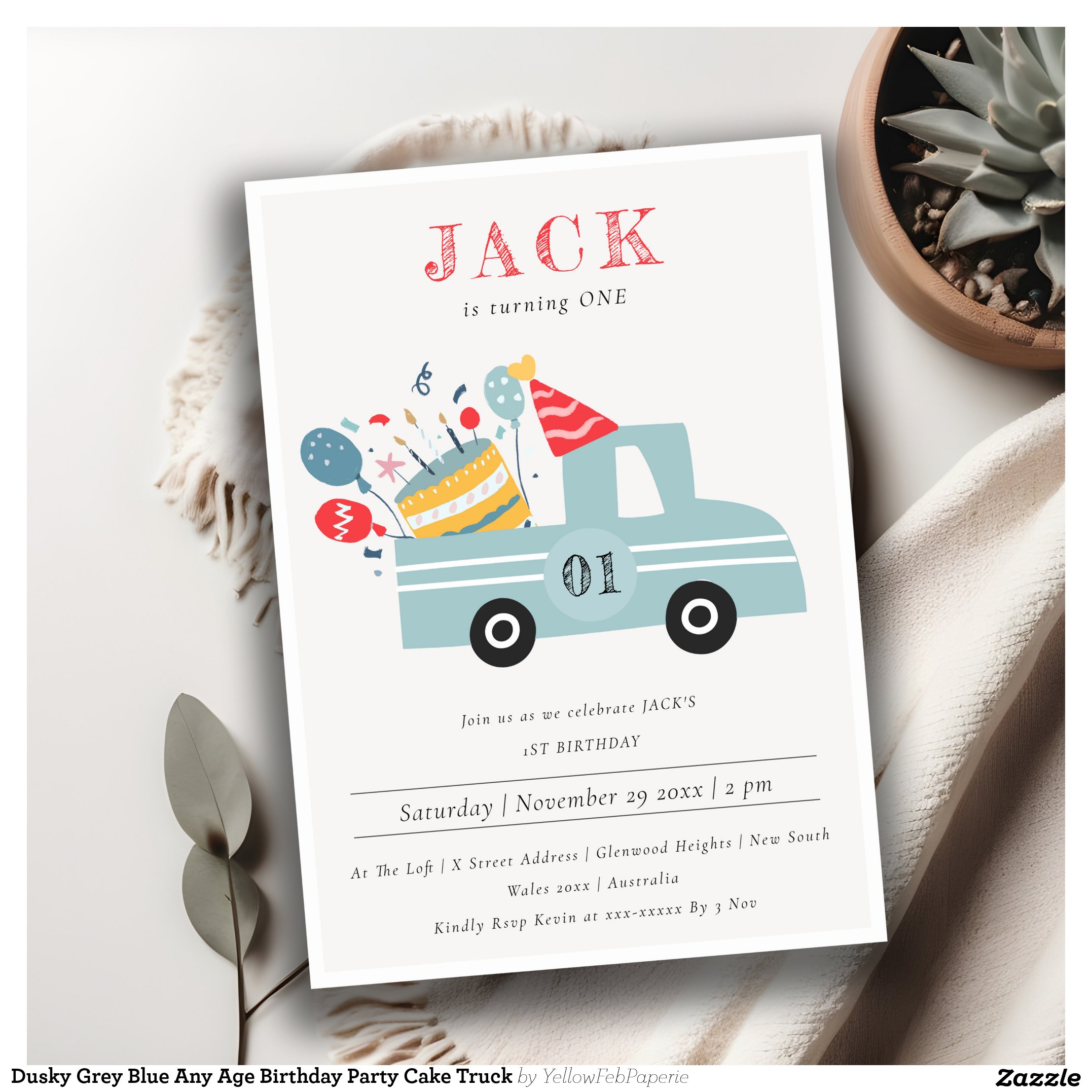 Dusky Grey Blue Any Age Birthday Party Cake Truck Invitation