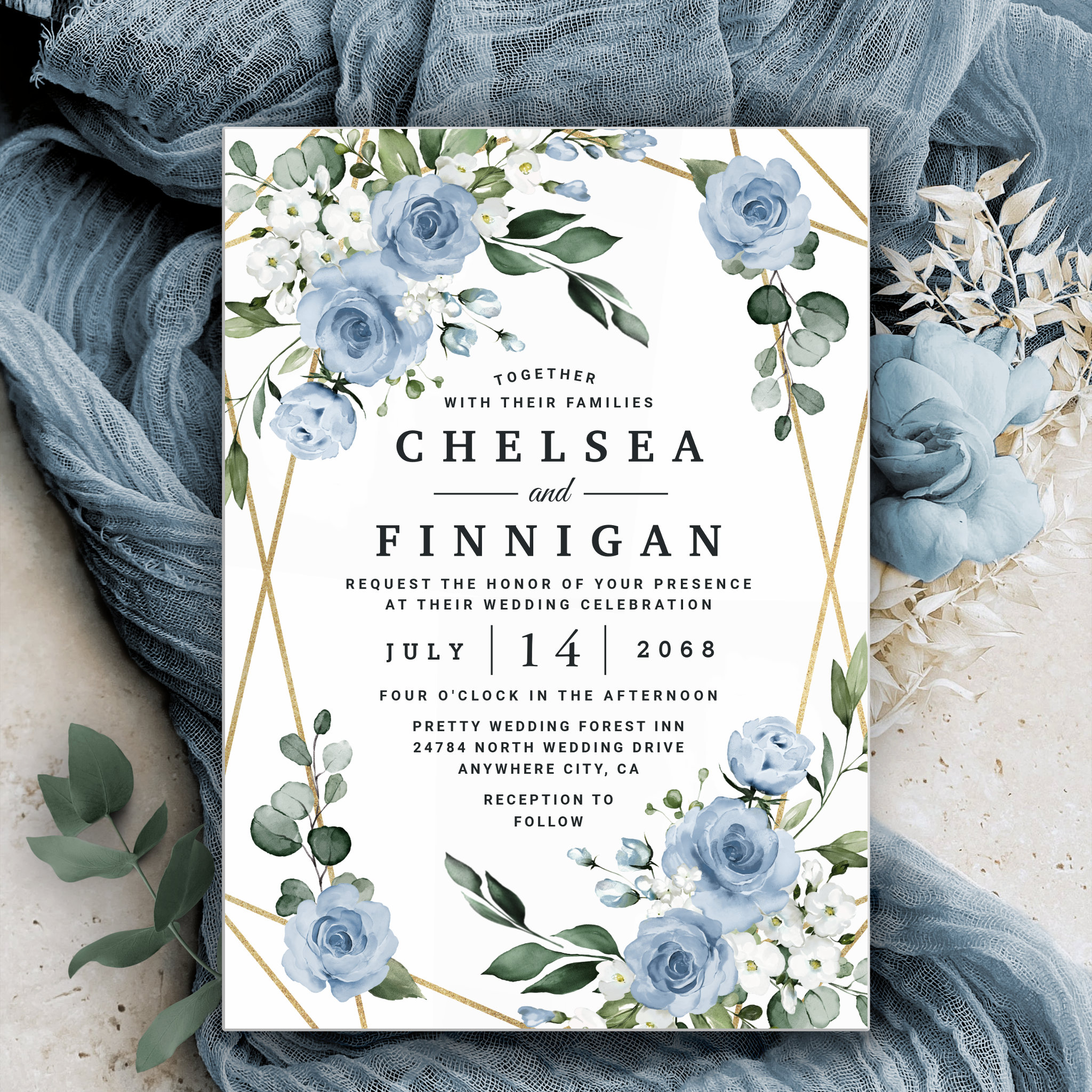 Dusty Blue and Gold Elegant Floral Rustic Wedding Invitation