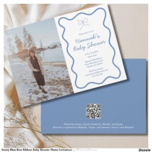 Dusty Blue Bow Ribbon Baby Shower Photo Invitation