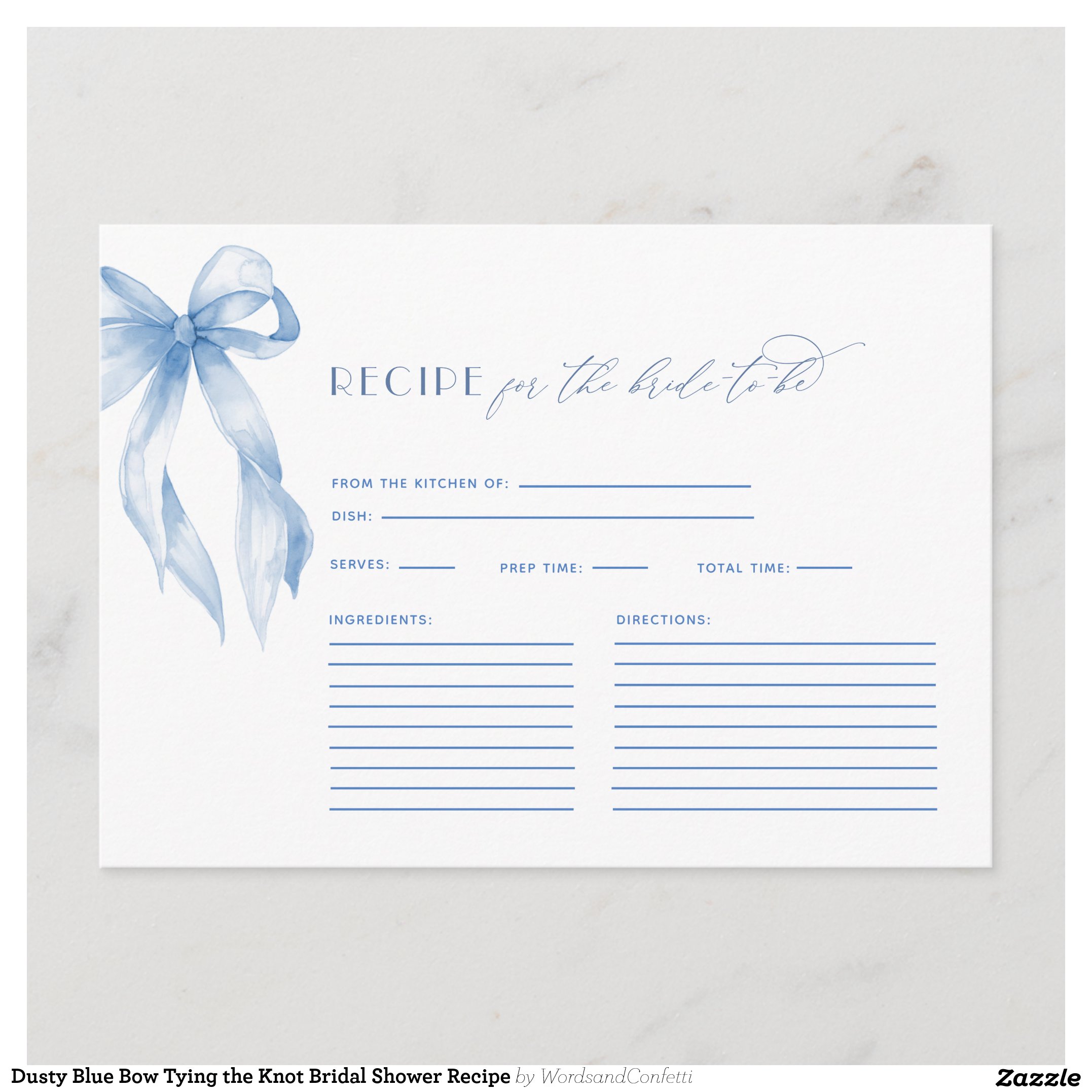 Dusty Blue Bow Tying the Knot Bridal Shower Recipe Enclosure Card