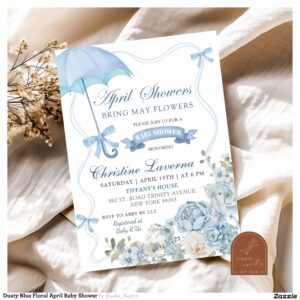 Dusty Blue Floral April Baby Shower Invitation