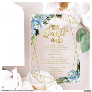 Dusty Blue Floral Geometric Quincea?era Acrylic Invitations