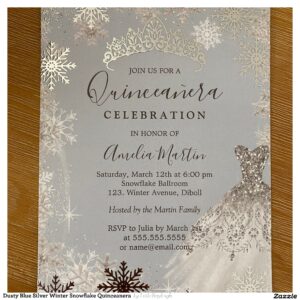 Dusty Blue Silver Winter Snowflake Quinceanera Foil Invitation
