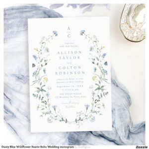 Dusty Blue Wildflower Rustic Boho Wedding monogram Invitation