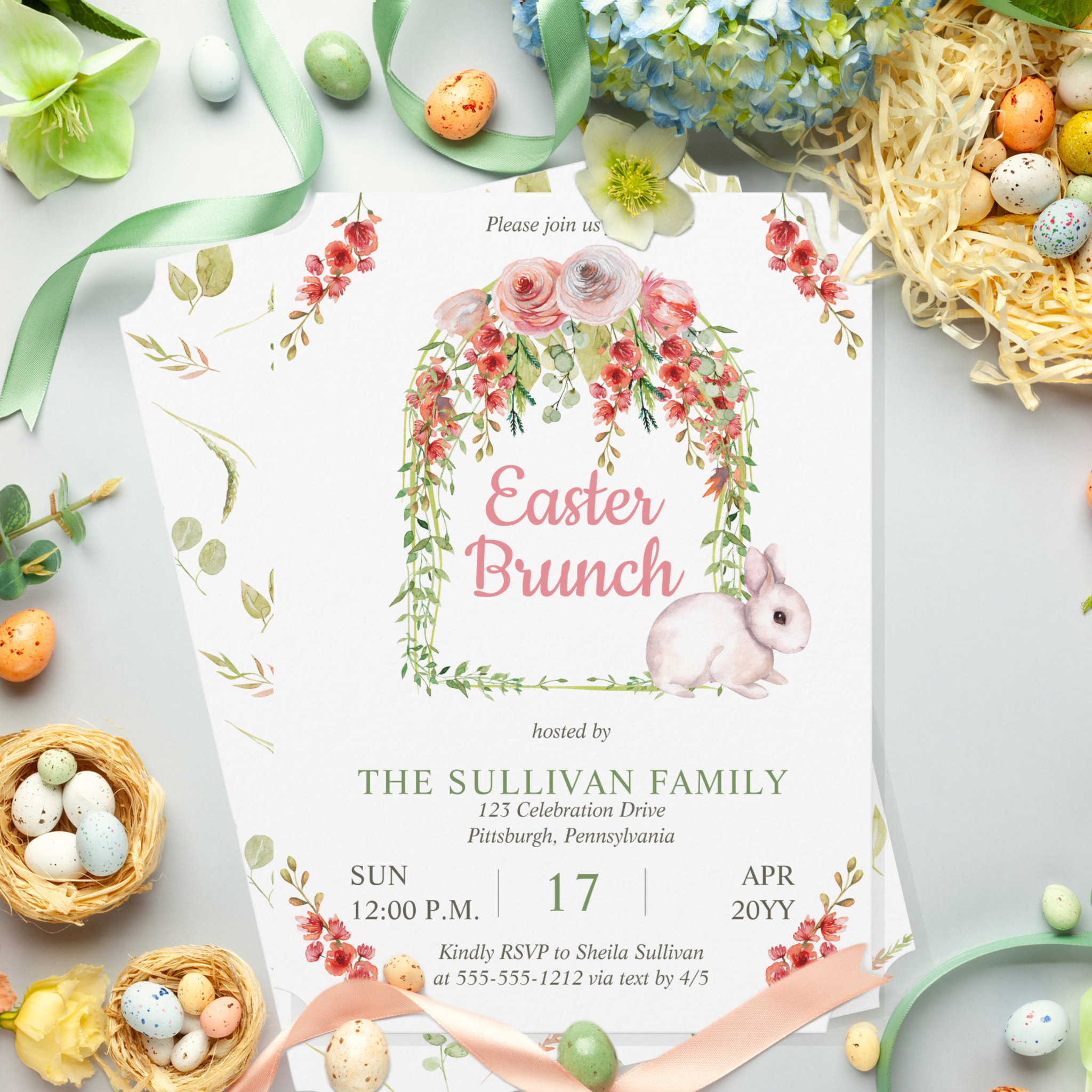 Easter Brunch Bunny Rabbit Floral Vines Frame Invitation