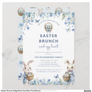 Easter Brunch & Egg Hunt Cute Blue Floral Bunny Invitation