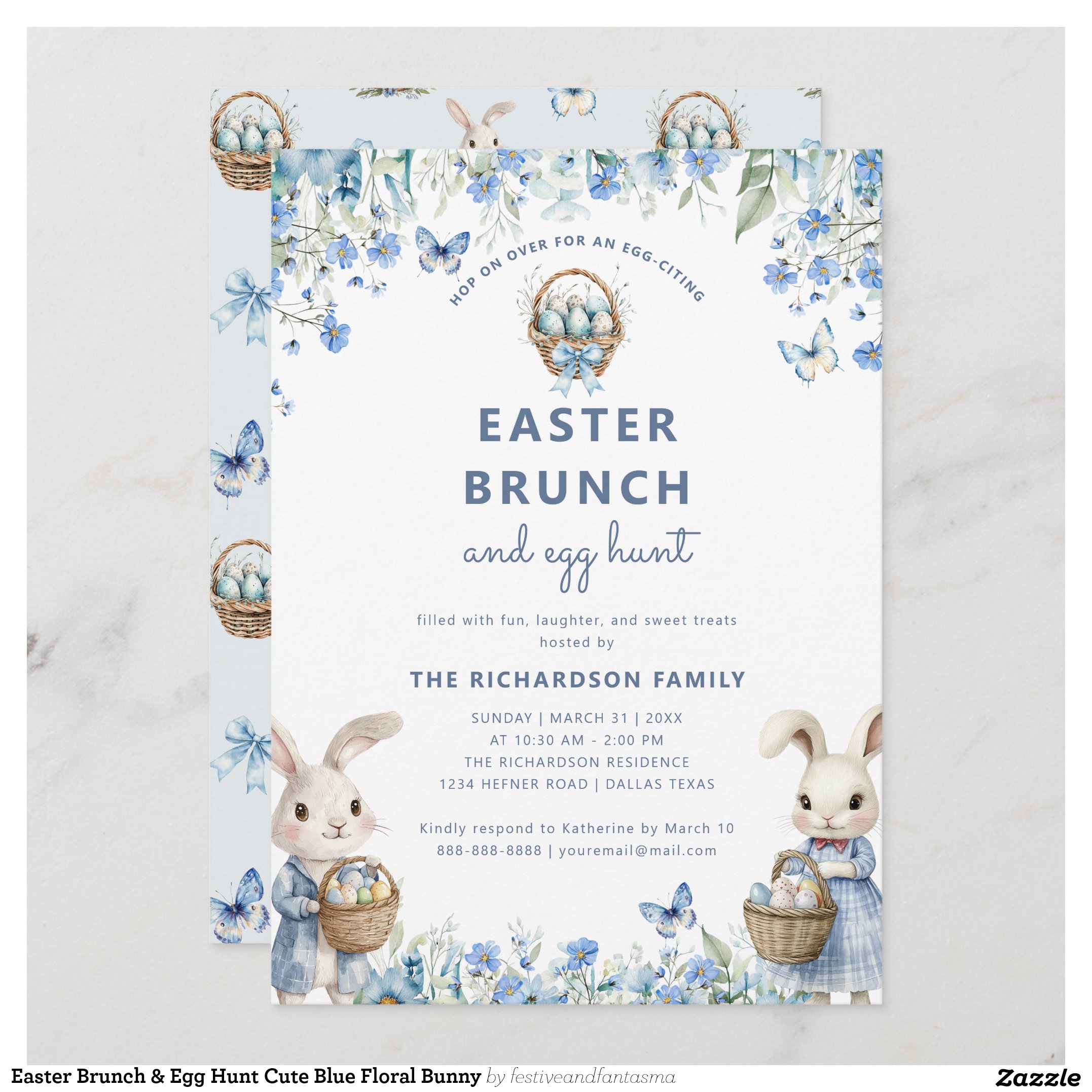 Easter Brunch & Egg Hunt Cute Blue Floral Bunny Invitation