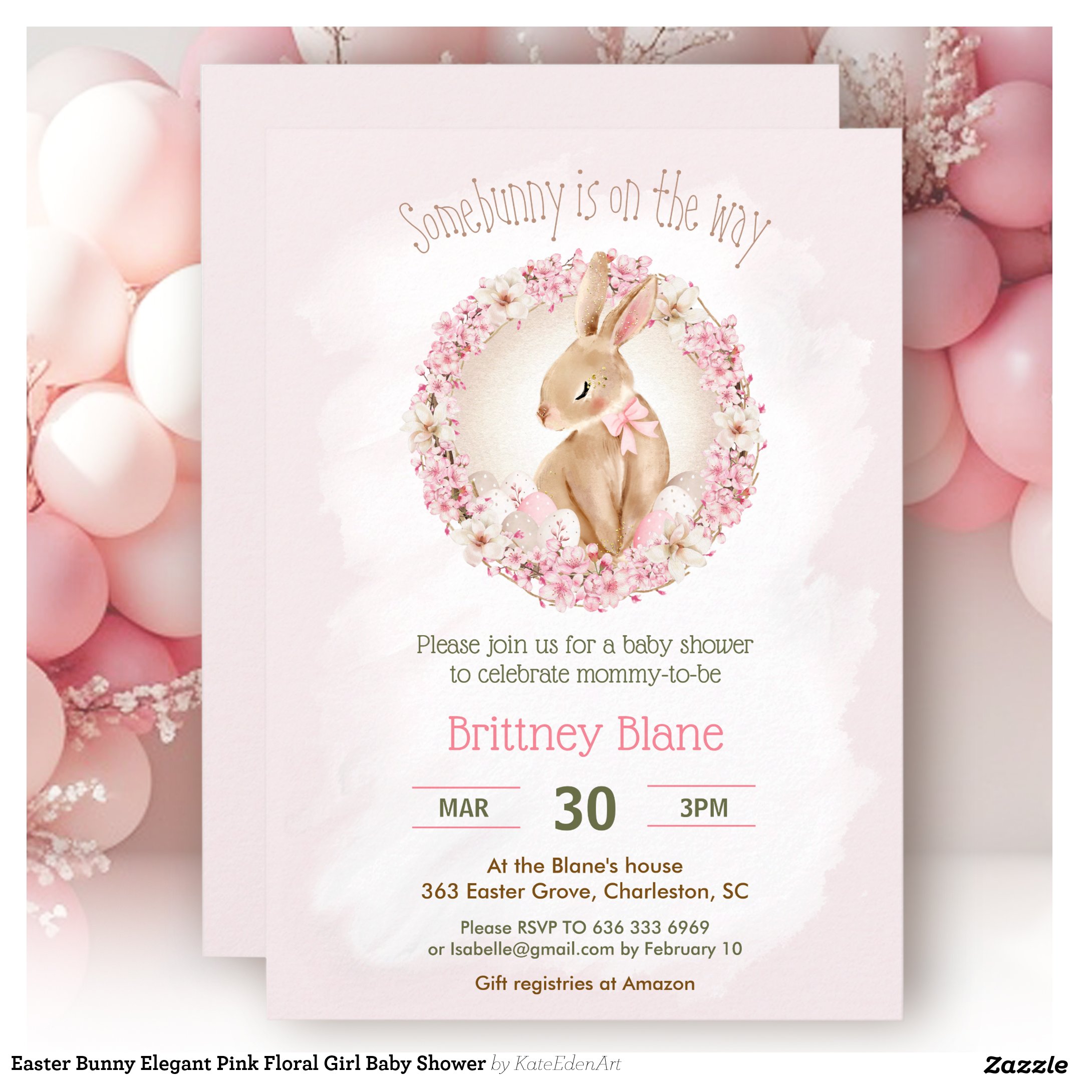 Easter Bunny Elegant Pink Floral Girl Baby Shower Invitation
