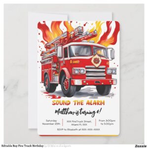 Editable Boy Fire Truck Birthday Invitation