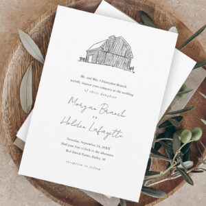 Elegant Barn Black and White Rustic Wedding Invitation