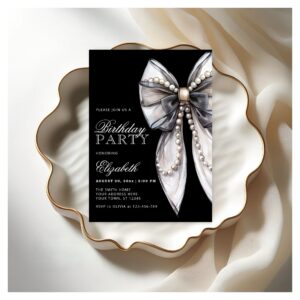 Elegant Black Bow and Pearl Birthday Party Invitation