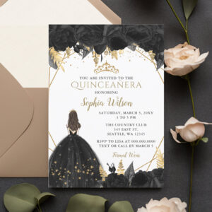 Elegant Black Gold Floral Princess Quincea?era Inv Invitation