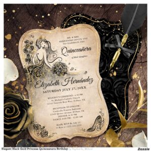 Elegant Black Gold Princess Quinceanera Birthday Invitation