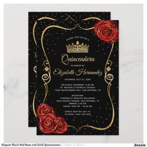 Elegant Black Red Rose and Gold Quinceanera Invitation