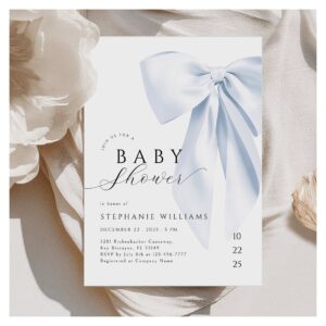 Elegant Blue Bow Boy Baby Shower Invitation