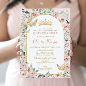 Elegant Blush Floral Butterflies Gold Quincea?era Invitation