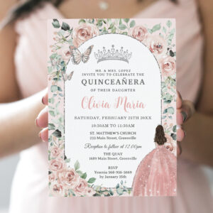 Elegant Blush Floral Princess Silver Quincea?era Invitation