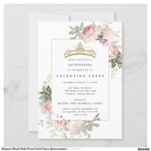 Elegant Blush Pink Floral Gold Tiara Quinceanera Invitation