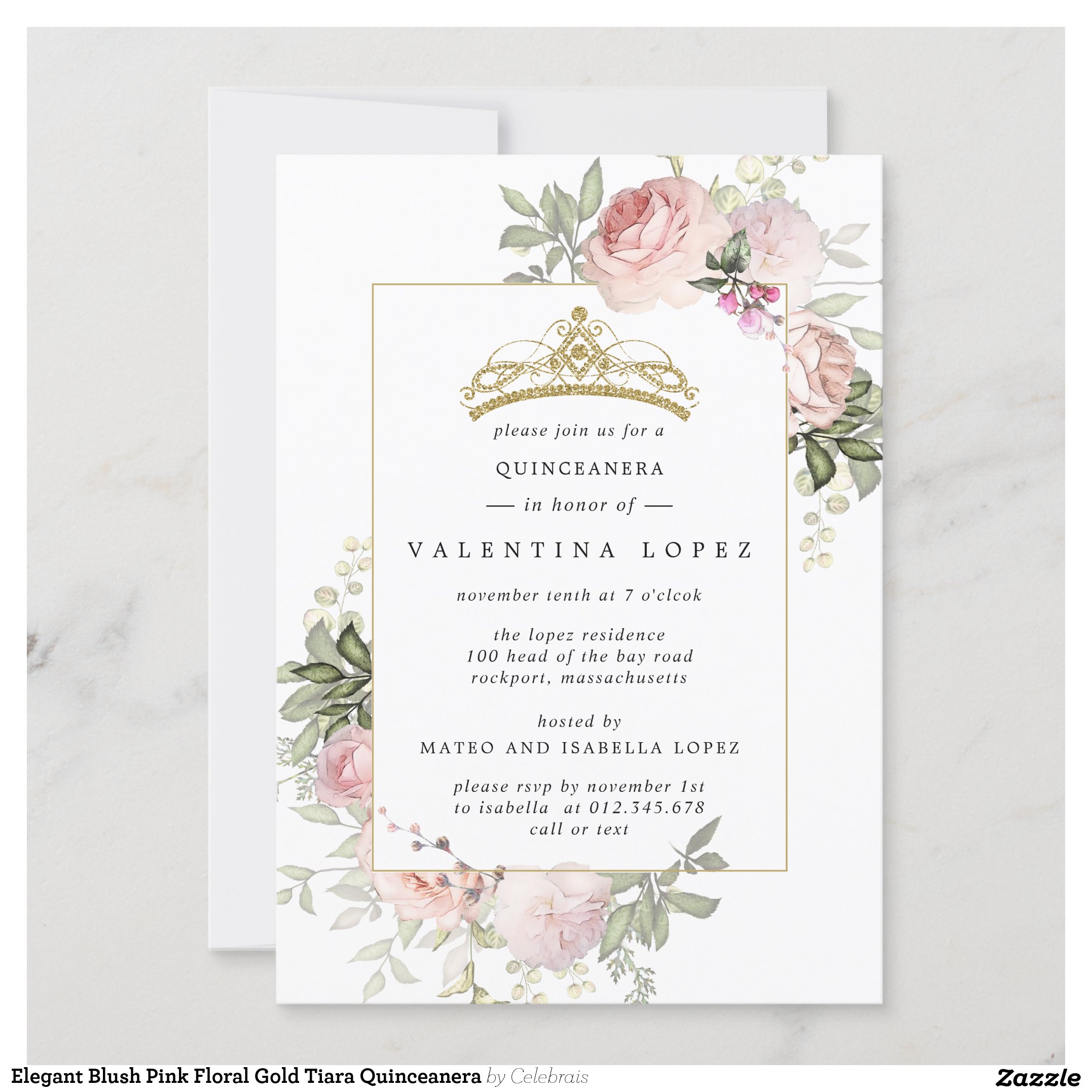 Elegant Blush Pink Floral Gold Tiara Quinceanera Invitation