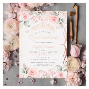 Elegant Blush Pink Rose Gold Quinceanera Foil Invitation
