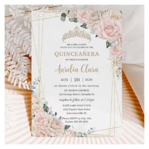 Elegant Champagne Ivory Blush Floral Quincea?era Invitation