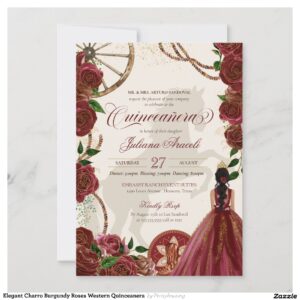 Elegant Charro Burgundy Roses Western Quinceanera Invitation