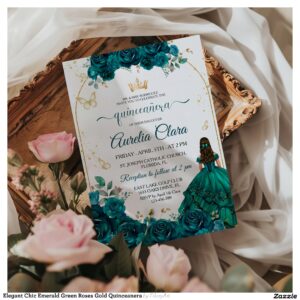Elegant Chic Emerald Green Roses Gold Quinceanera Invitation