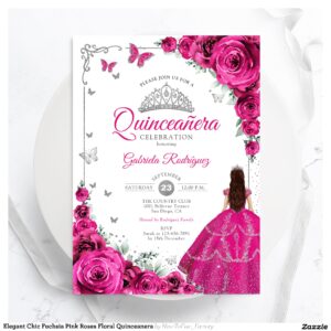 Elegant Chic Fuchsia Pink Roses Floral Quinceanera Invitation