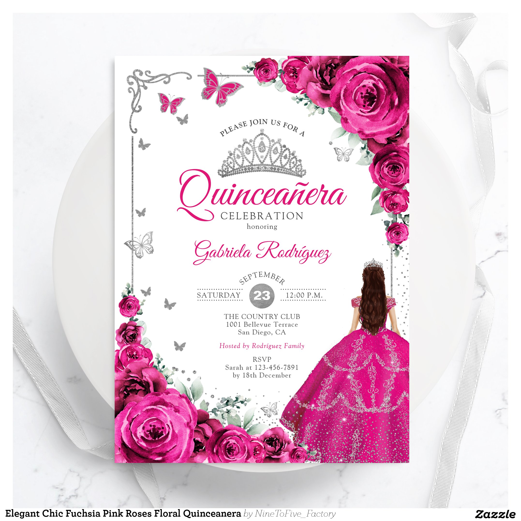 Elegant Chic Fuchsia Pink Roses Floral Quinceanera Invitation
