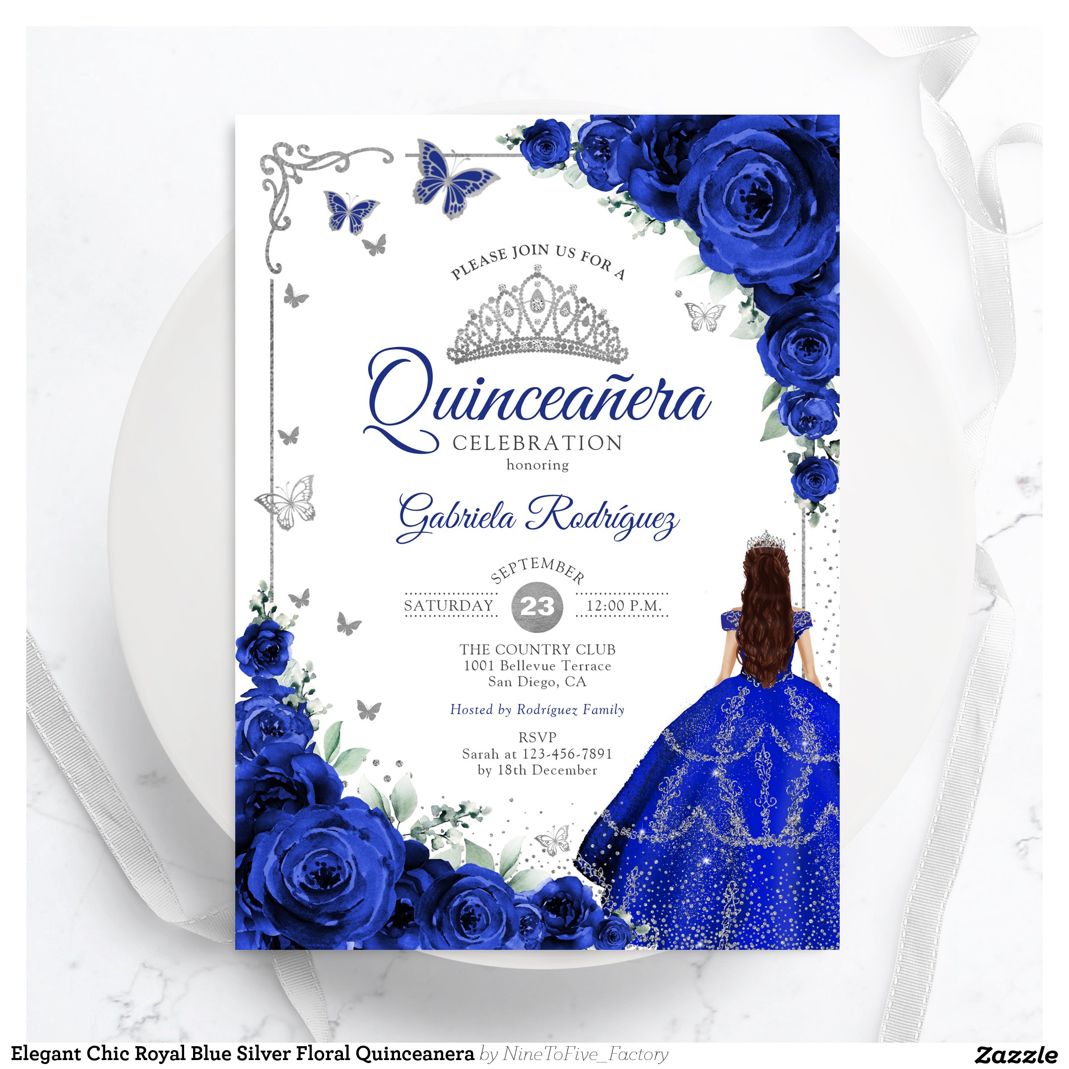 Elegant Chic Royal Blue Silver Floral Quinceanera Invitation