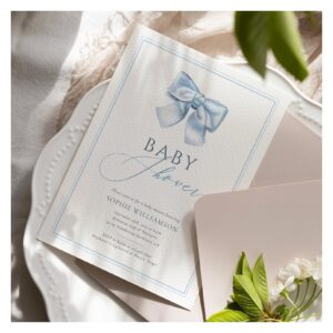 Elegant Clasic Blue Coquette Bow Baby Shower Invitation