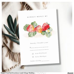 Elegant Cute Red Strawberry Leafy Foliage Wedding RSVP Card