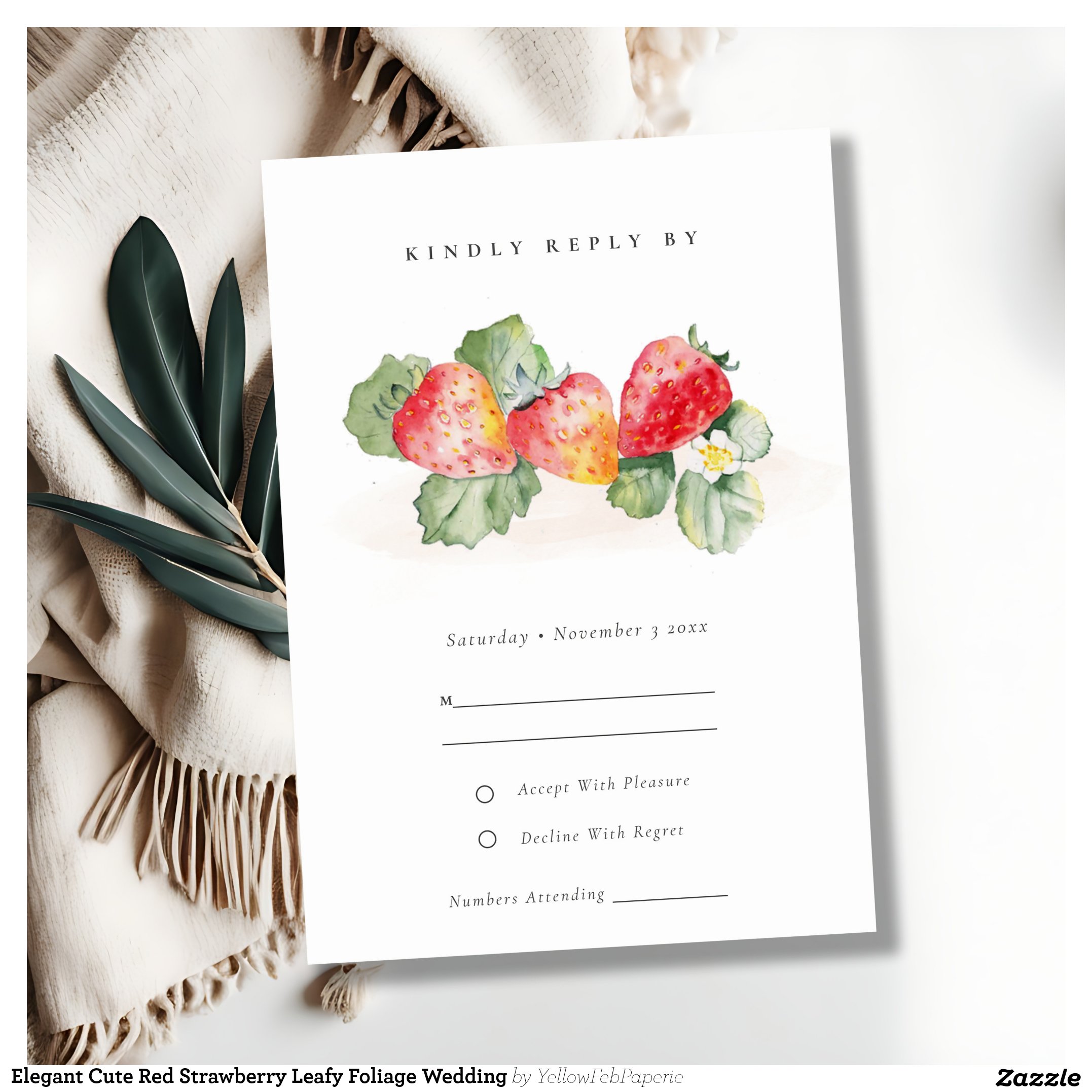 Elegant Cute Red Strawberry Leafy Foliage Wedding RSVP Card