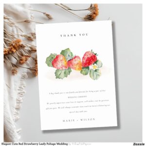Elegant Cute Red Strawberry Leafy Foliage Wedding Thank You Card