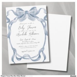 Elegant Dusty Blue Bow Baby Shower Invitation