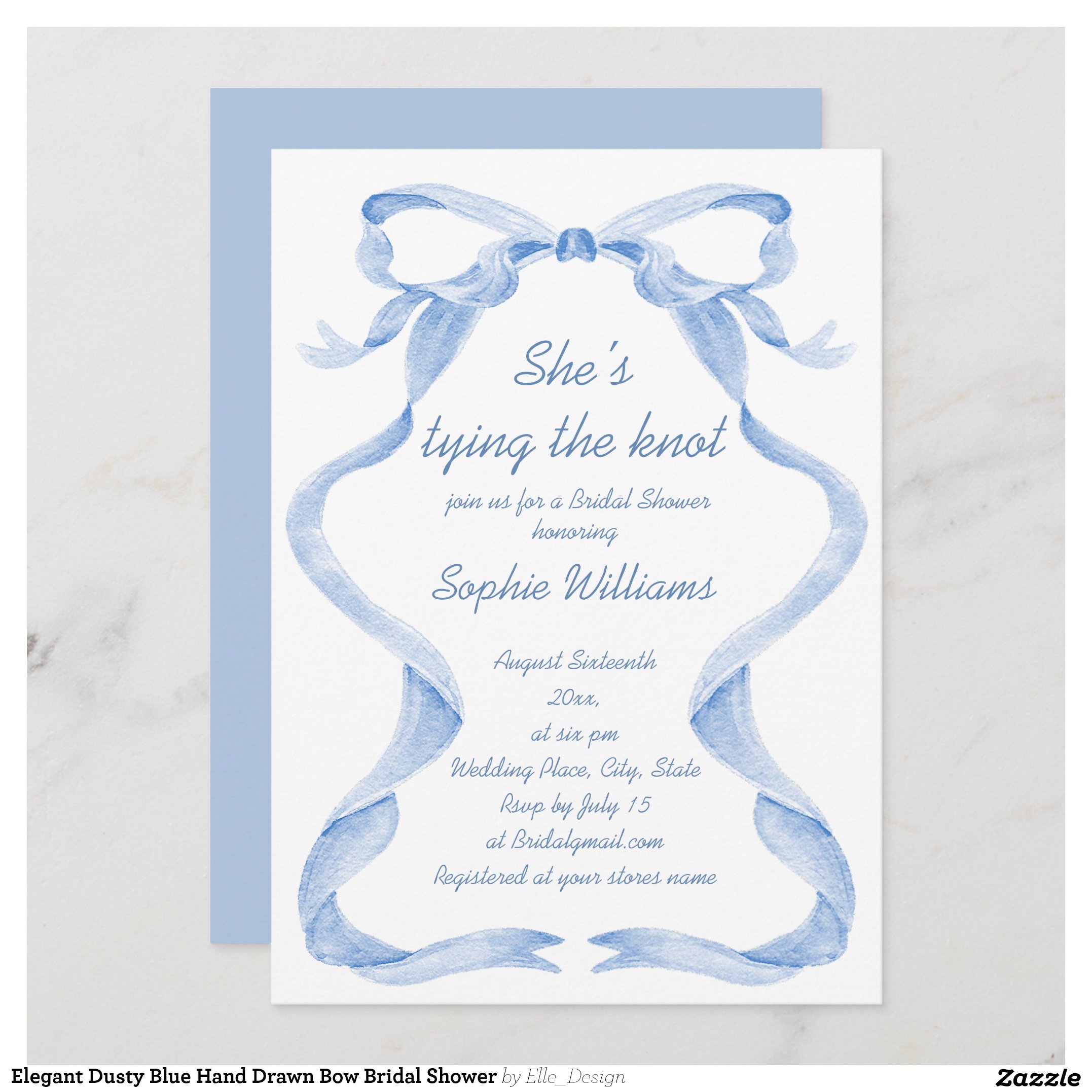 Elegant Dusty Blue Hand Drawn Bow Bridal Shower Invitation