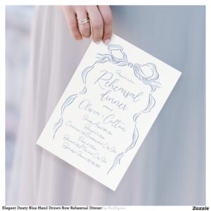 Elegant Dusty Blue Hand Drawn Bow Rehearsal Dinner Invitation