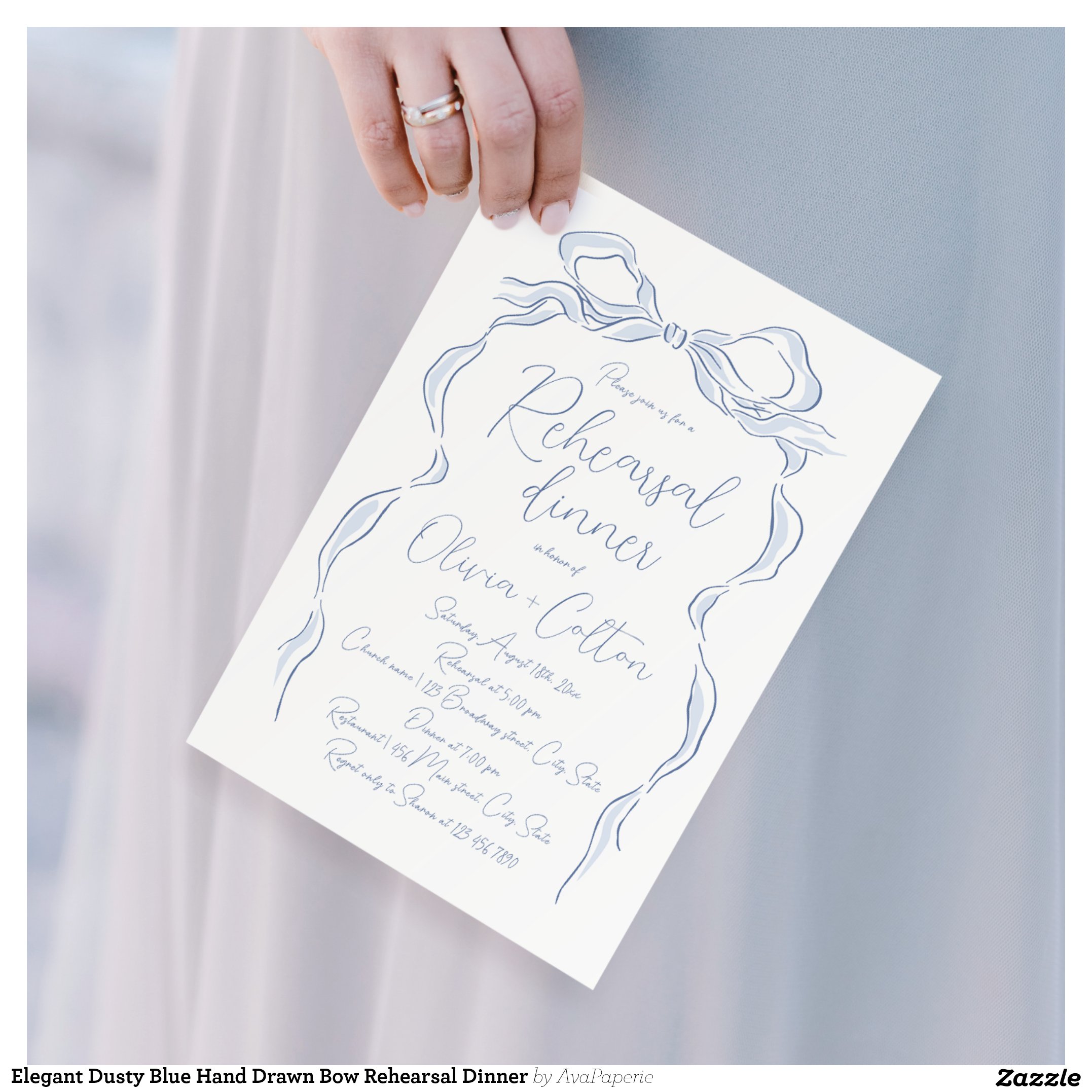 Elegant Dusty Blue Hand Drawn Bow Rehearsal Dinner Invitation