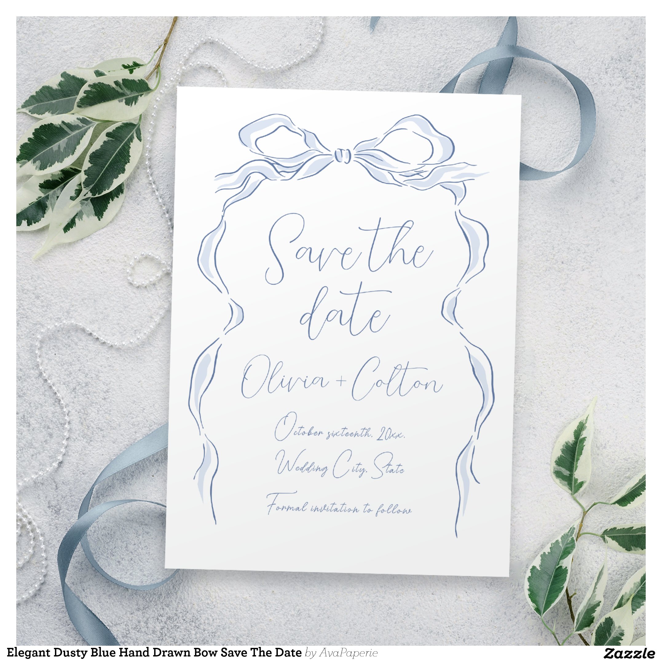 Elegant Dusty Blue Hand Drawn Bow Save The Date