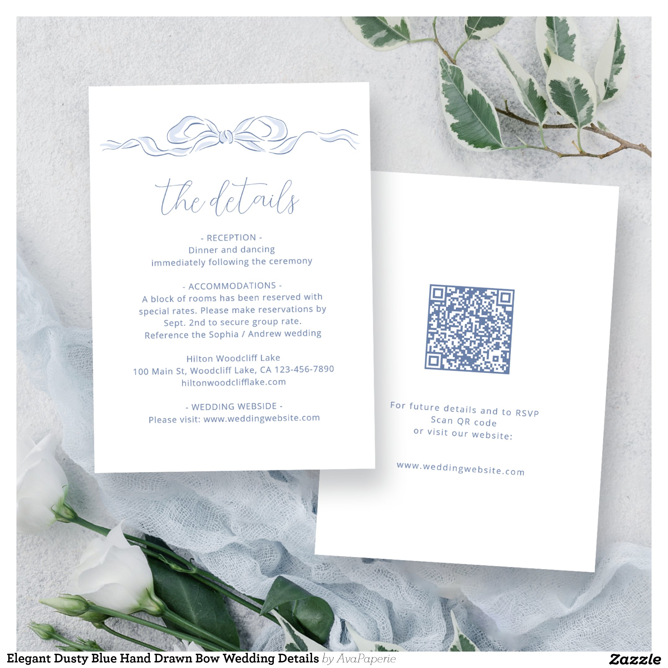 Elegant Dusty Blue Hand Drawn Bow Wedding Details Enclosure Card