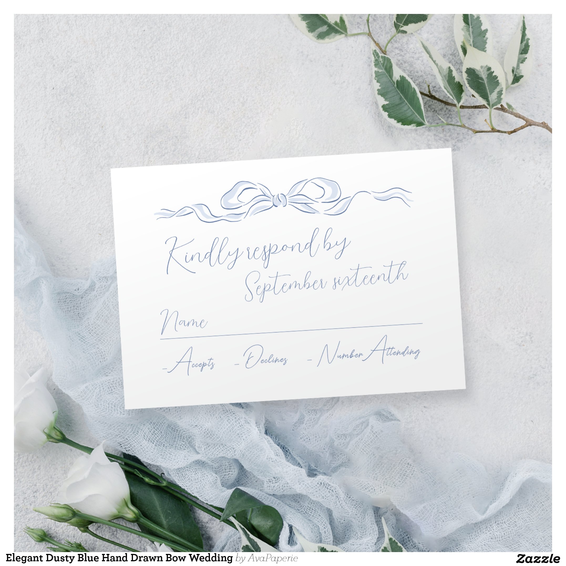 Elegant Dusty Blue Hand Drawn Bow Wedding RSVP Card
