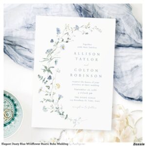 Elegant Dusty Blue Wildflower Rustic Boho Wedding Invitation