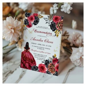 Elegant Floral Black and Red Quinceanera Invitation