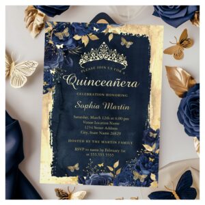Elegant Floral Butterfly Navy Gold Quinceanera Foil Invitation