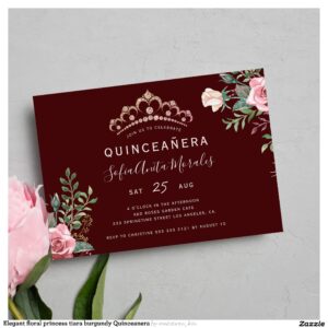 Elegant floral princess tiara burgundy Quinceanera Invitation