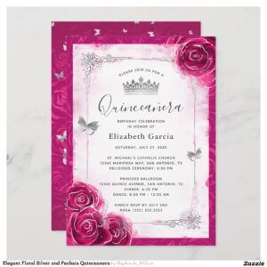 Elegant Floral Silver and Fuchsia Quinceanera Invitation
